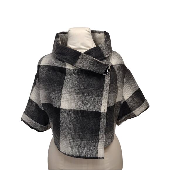 PIKO 1988 Gray Plaid Cape Style Jacket with Stand Up Collar Large Button Size S - Picture 1 of 9